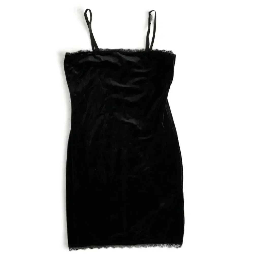 Black Velour Short‎ Lace Trim Spaghetti Straps Dress Womens Size Medium